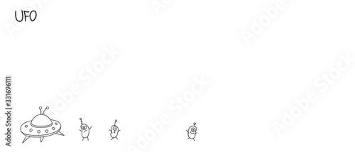 Cute outline funny aliens, flying saucer, spaceship. Background on the theme of UFO, space. Doodles vector illustration