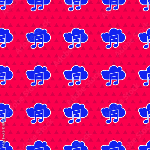 Blue Music streaming service icon isolated seamless pattern on red background. Sound cloud computing, online media streaming, song, audio wave. Vector Illustration
