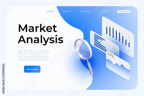 Market analysis webpage template, social media layout. Isometric charts, graphics, info bars, large magnifier