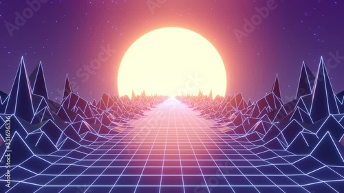 3d Retro futuristic background 80s style,Retro wave, synthwave wireframe animated grid, 80s retro futuristic background in endless loop,80s Retro Futurism sunset or sunrise,4k
