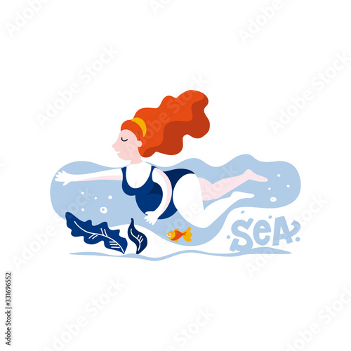 Vector colorful flat illustration of a pregnant woman. Girl is swimming in the sea. Lettering Sea. Identity concept for pregnancy clinics, courses, postcards. Hand drawn graphics design template.