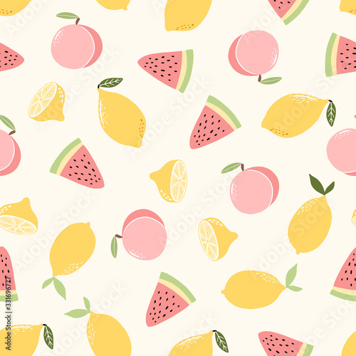 Seamless pattern with hand drawn doodle hand drawn vector scandinavian style lemon watermelon  peach fruits.Tileable repeating background for branding package  fabric and textile  wrapping paper