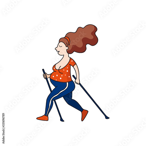 Vector colorful flat illustration of a pregnant woman. Happy, healthy, sporty girl is doing Nordic walking Identity concept for pregnancy clinics, courses, sport group, poster Hand drawn graphics desi