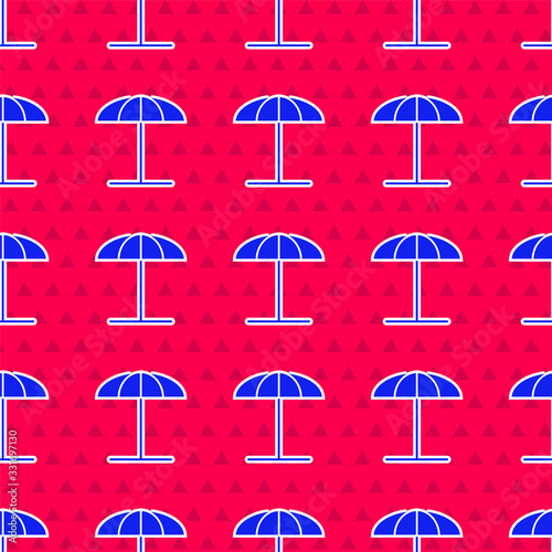 Blue Sun protective umbrella for beach icon isolated seamless pattern on red background. Large parasol for outdoor space. Beach umbrella. Vector Illustration