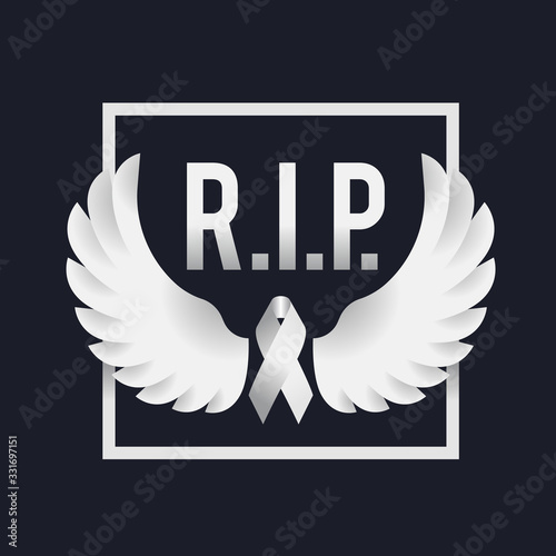 White ribbon and white Peace Wings in frame and R.I.P. text on dark background vector design