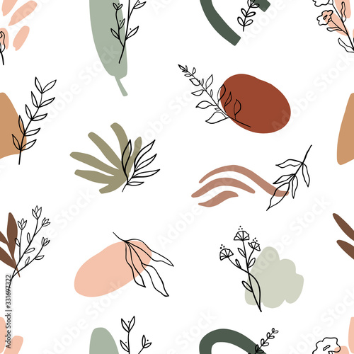 Abstract seamless pattern design with abstract blobs  hand drawn floral and fern leaves and branches. Tileable repeating background for branding package  fabric and textile  wrapping paper design