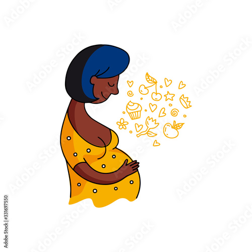 Vector colorful contour flat illustration of a black skinned pregnant woman. Happy dark skinned girl is waiting for a child. Identity concept for pregnancy hospital. Hand drawn template with doodle. 