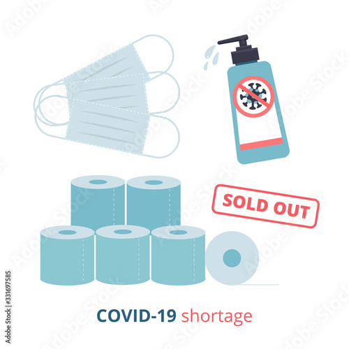 Shortage Phenomenon due to Covid19 Outbreak. Coronavirus Pandemic and Shocked Upset. Set of Facial Mask, Sanitizer gel and toilet paper Sold out. Lack of essentials. Vector flat illustration.
