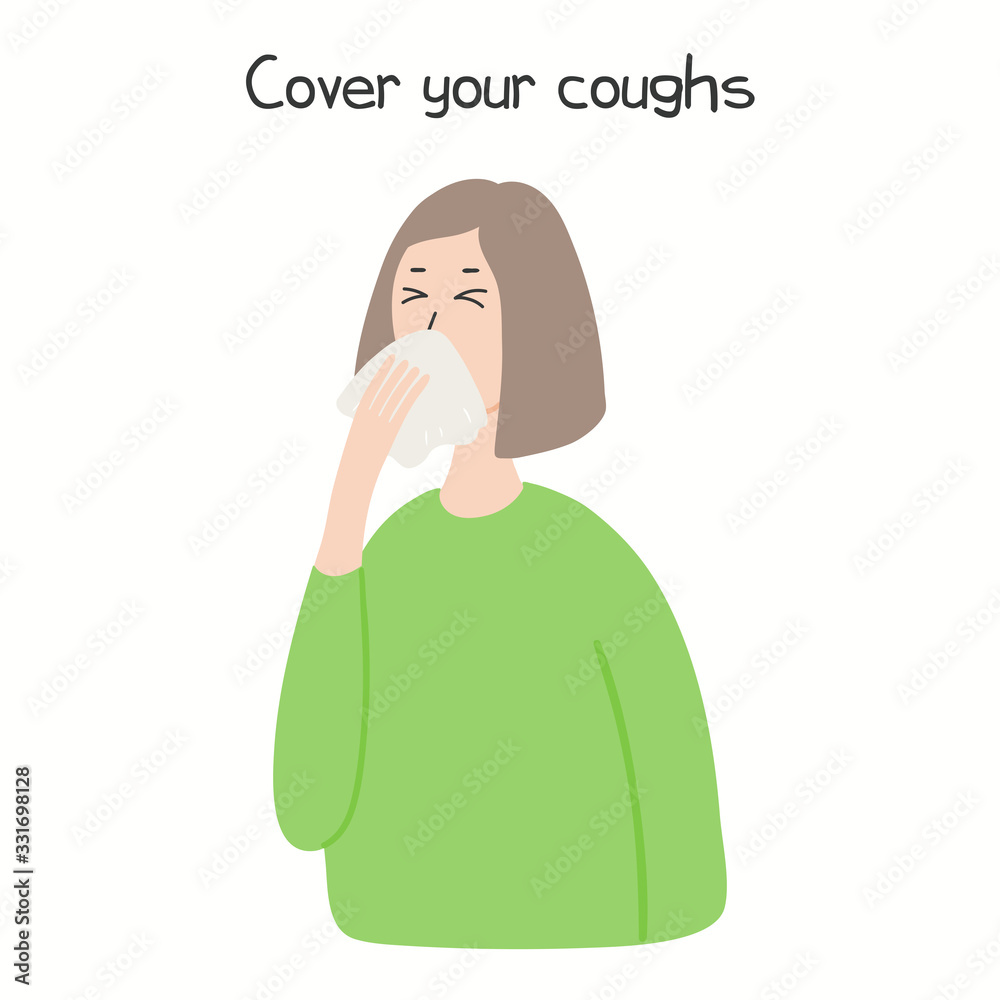 Coronavirus epidemic concept. Woman coughing, sneezing in a tissue, with text, isolated. Hand drawn vector illustration. Poster, flyer. Flat style design. Covid-19 protection, prevention information. Coronavirus epidemic concept. Woman coughing, sneezing in a tissue, with text, isolated. Hand drawn vector illustration. Poster, flyer. Flat style design. Covid-19 protection, prevention information.