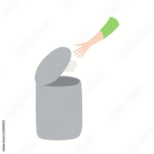 Coronavirus epidemic concept. Throwing used tissue in a bin, isolated on white. Hand drawn vector illustration. Poster, flyer. Flat style design. Covid-19 protection, prevention information.