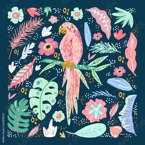  cute parrot doodle hand drawn flat vector illustration. Cartoon abstract animal in scandinavian style. Wild rainforest animal. Grass branches with leaves, flowers and spots design element. Tropical