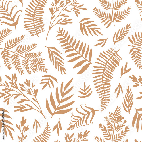 Abstract seamless pattern design with abstract blobs, hand drawn floral and fern leaves and branches. Tileable repeating background for branding,package, fabric and textile, wrapping paper