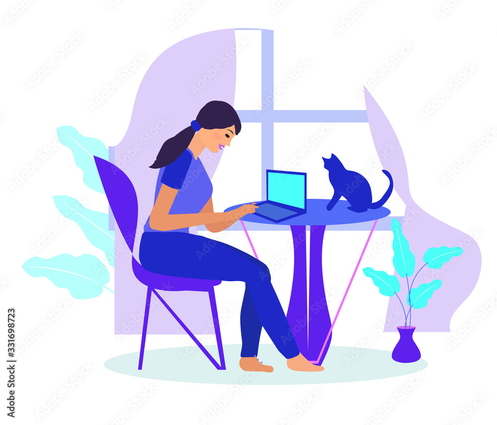 Work at home, freelance. Girl works on a laptop quarantined coronavirus. Young woman in telework self isolation. Vector illustration Work at home, freelance. Girl works on a laptop quarantined coronavirus. Young woman in telework self isolation. Vector illustration