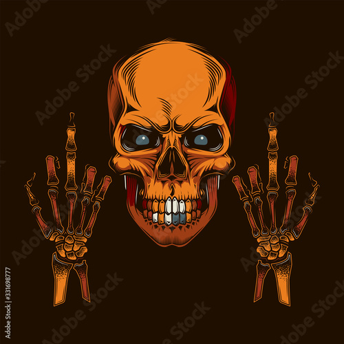 Original vector illustration in vintage style. Skull with eyes with two hands with the middle finger extended. T-shirt design