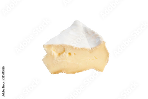 Brie cheese. Tasty camembert isolated on a white background. A piece of cheese.