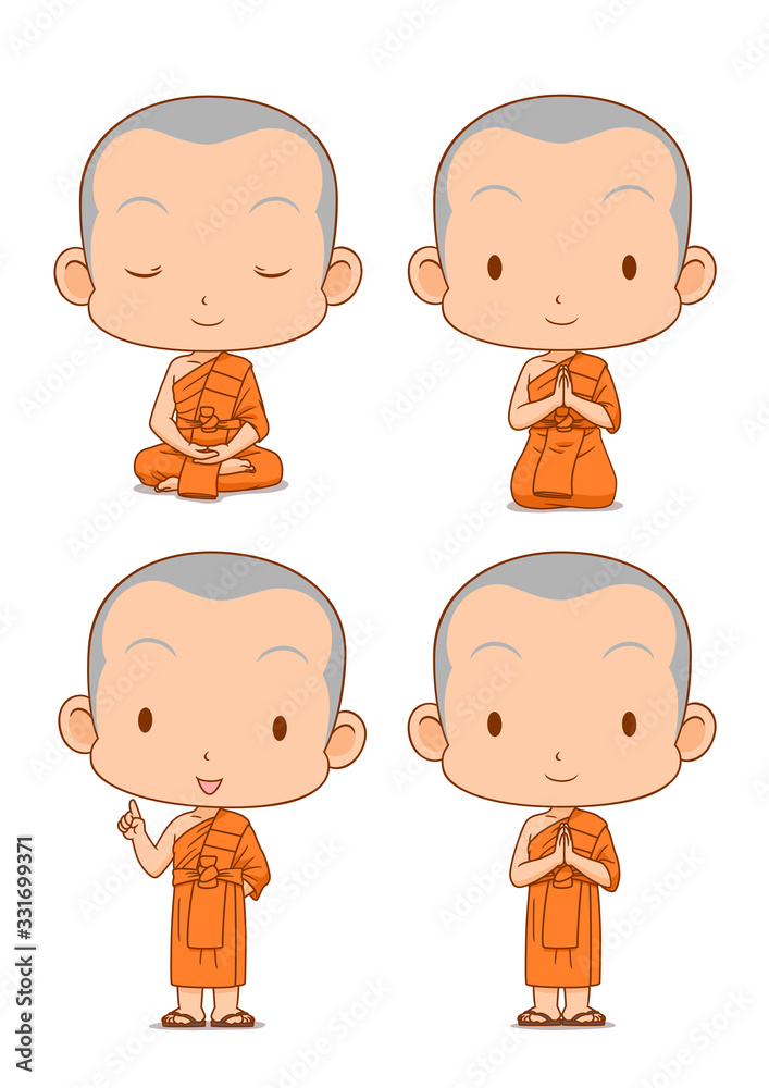 Cartoon character of Buddhist monks in different poses. Cartoon character of Buddhist monks in different poses.