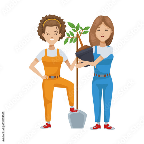 environmentalist women planting tree characters