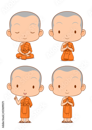 Cartoon character of Buddhist monks in different poses. photo