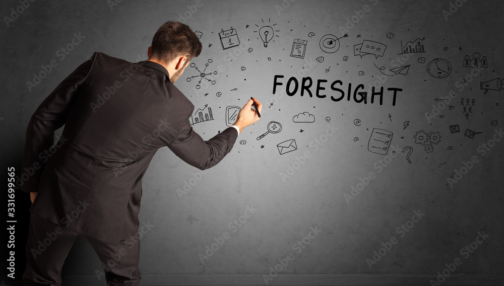businessman drawing a creative idea sketch with FORESIGHT inscription, business strategy concept businessman drawing a creative idea sketch with FORESIGHT inscription, business strategy concept