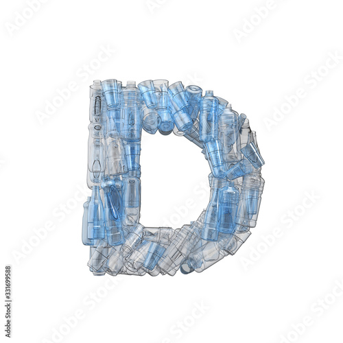 Letter D made from plastic bottles. Plastic recycling font. 3D Rendering