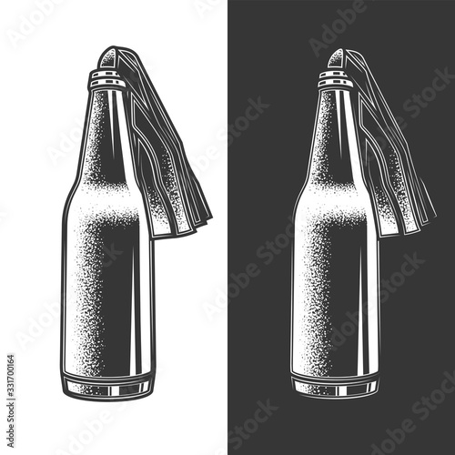 Original monochrome vector illustration. Molotov cocktail. A glass bottle of gasoline and a vintage-style rage wick.