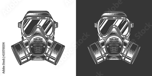 Original monochrome vector illustration. Chemical gas mask respirator with protective glass and filters in vintage style.