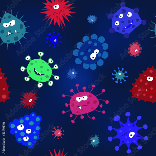 Seamless pattern with angry viruses on dark blue background, vector