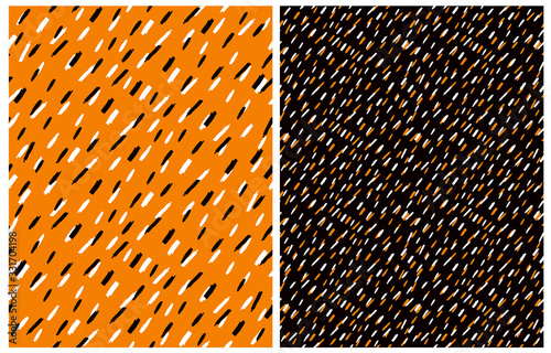 Set of 2 Cute Abstract Geometric Vector Patterns. White and Black Irregular Brush Spots on an Orange Background. White and Orange Lines on a Black Layout. Funny Infantile Style Vector Print.
