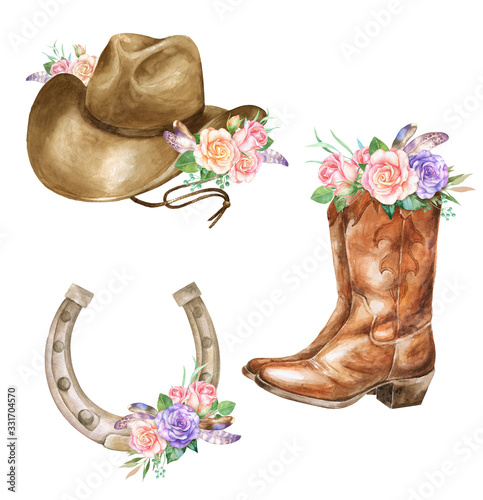 Watercolor illustration of cowboy boots hat, horseshoe with floral decoration