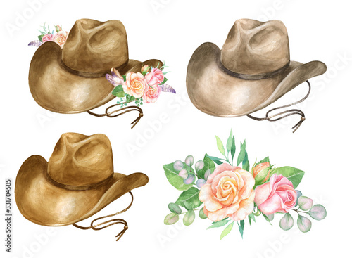  Watercolor illustration of a cowboy hat with floral decorations.
