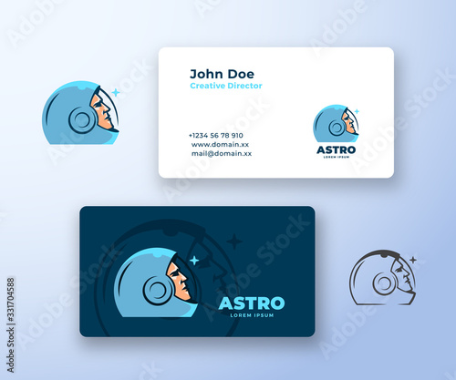 Astro Abstract Vector Logo and Business Card Template. Premium Stationary Realistic Mock Up. Space Suit Helmet and Astronaut Face Silhouette Looking at the Star.