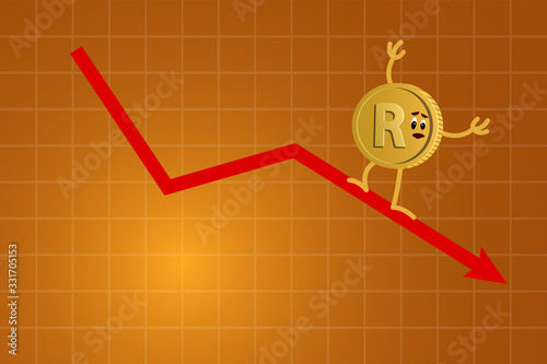 rand Coin Character and arrow down. Inflation, economic crisis, crash or economic, financial recession.