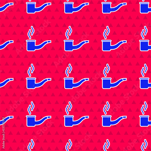 Blue Smoking pipe with smoke icon isolated seamless pattern on red background. Tobacco pipe. Vector Illustration