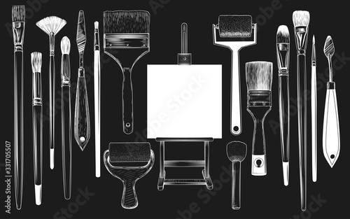 .A collection of sketches of art brushes, easel, palette  knifes and  foam rubber rollers. A variety of tools in vintage style. Hand-drawn vector design elements on black background. Clipart.