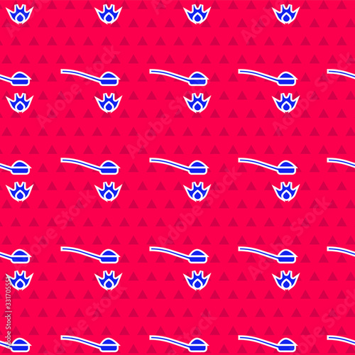 Blue Heroin in a spoon icon isolated seamless pattern on red background. Concept of drug addiction and dependence from the narcotic. Junkie lifestyle. Vector Illustration