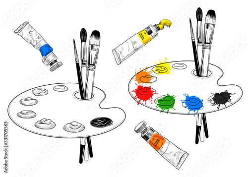 .A set of artist's palettes with brushes.Vector illustration of palettes with paints and various brushes, tubes.Hand-drawn illustration in sketch style. Isolated objects on white background.