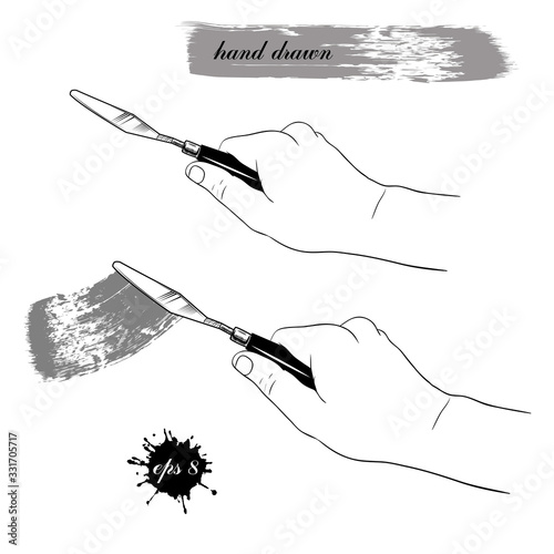 Palette knife in the hand. Vector Set of two sketches.. Hand-drawn illustration.Isolated objects on white background