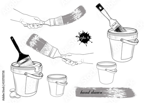 .Paint bucket, paintbrush in a bucket, paintbrush in the hand. Set of various isolated elements on  white background. Hand-drawn vector illustration. Sketch style..