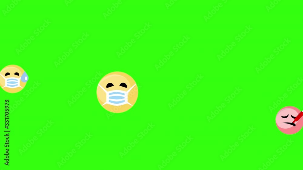 Green screen. Social media emoticons emoji with face masks that mean sick disease, illness suffer running from right to left in a black background. Love sign. Chroma key. 