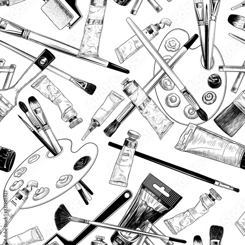 ..Vintage seamless pattern with art materials. Hand-drawn  monochrome  vector texture.