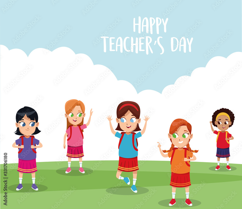 happy teachers day card with students in the field