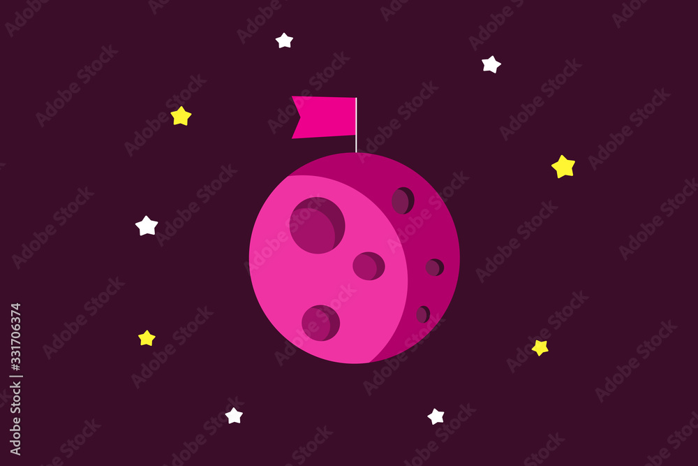 Cartoon planet with flag and stars around the planet. A pink planet like a moon with craters in dark purple space. A flag is empty and with space for design. Flat cartoon vector illustration style