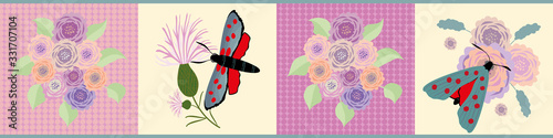 Six spot burnet butterfly seamless vector border. Day flying moth meadow flower banner. Vintage Scottish coastal insect and floral illustration. Scotland summer wildlife ribbon, edge trim, washi tape