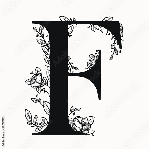 vector letter f drop caps big initial with floral decorations. graphic design elements . first letter of the paragraph isolated ornate design. serif letter B with floral illustrations.