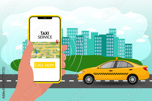 Public taxi mobile application concept. Hand holding smart phone with taxi app on display. Order card driver online
