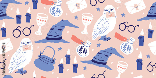 Vector seamless pattern with magician objects