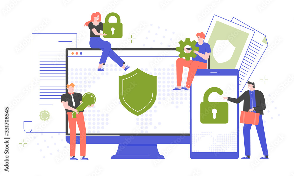 Fototapeta premium Cybersecurity, secure passwords and site registration. Computer and smartphone protection by antivirus software. People with a lock, key, gear. Devices screens. Vector flat.