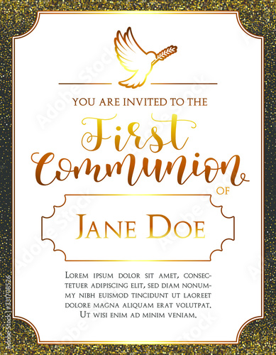 Invitation with beautiful lettering. Template in Vector a ceremony for Holy Communion. Gold flyer. 