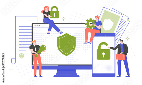 Cybersecurity, secure passwords and site registration. Computer and smartphone protection by antivirus software. People with a lock, key, gear. Devices screens. Vector flat.