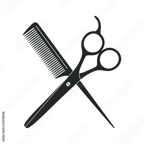 Scissors and hairbrush graphic icon. Sign crossed scissors and hairbrush isolated on white background. Barbershop symbols. Vector illustration